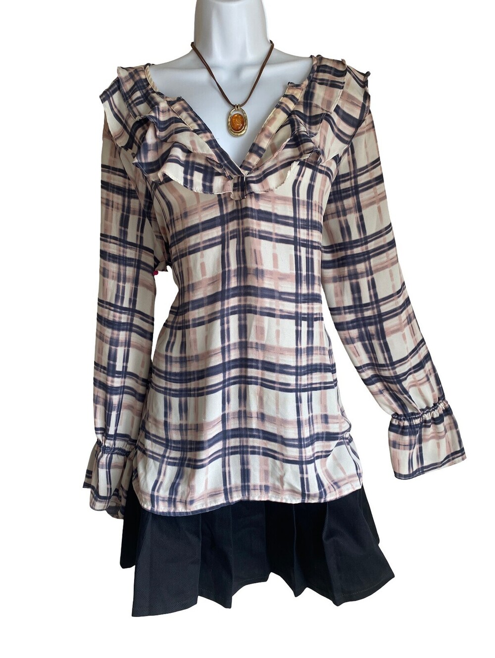 Vintage LOFT Plus XL Plaid Ruffle Neck Tunic Blouse Academia Boho Whimsigoth Top